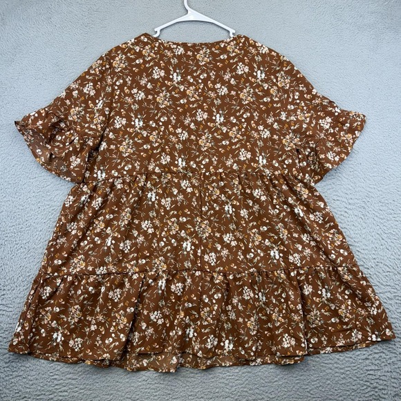 Emery Rose Dress Womens XL Brown Floral Short Sleeve Ruffle Hem Swing V-Neck - Picture 4 of 13